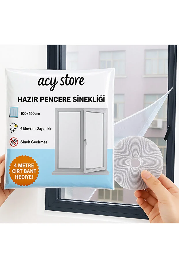 100*150 Cm Hazır Pencere Sinekliği 4 Mt Bant Hediye Tak Çıkar Tül Kesilebilir Cırt Bantlı